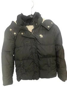 Youth Abercrombie Kids 11/12 Sherpa Lined Puffer Jacket Black with Hood - Picture 1 of 7