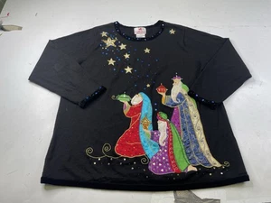 Vintage Quacker Factory 1X Black Christmas Manger Sweater Embellished Ugly - Picture 1 of 7