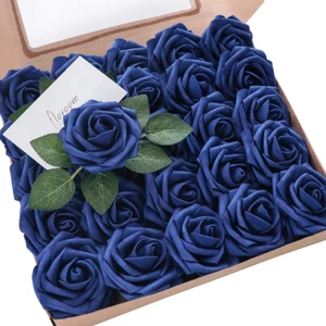 Artificial Flowers 25Pcs Real Looking Royal Blue Foam Fake Roses with Stems for - Picture 1 of 12