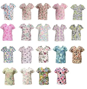 Zikit Women's Fashion Medical Nursing Scrub Printed Tops XS-3XL - Picture 1 of 26