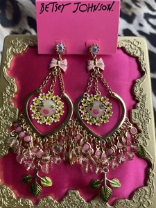 Betsey Johnson Vintage Garden Party Flower Face Pink Chandelier Leaf Earrings - Picture 1 of 3