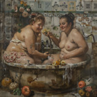 Akt obraz druk na płótnie, styl Rubensa, 2 bujne dziewczyny w łazience