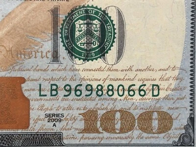 Fancy Serial Number $100 Dollar True Flipper 2009A Series- 96988066 / 99088696 - Image 1 of 4