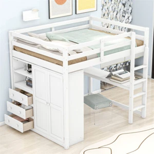Wood Full Size Loft Bed w/ Built-in Wardrobe/Desk/Storage Shelve & Drawers White - Picture 1 of 20