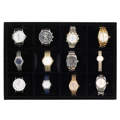 12 Slot Watch Tray Large Compartment Black Velvet Secure Storage Safe Display - Image 1 of 4