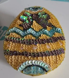 Vintage Yellow Satin Easter Egg Trinket Box Beaded and Sequined - Picture 1 of 3