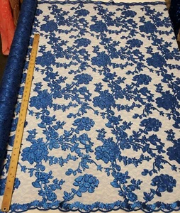 Royal Blue Floral Embroidery Nylon Crochet Mesh Prom Sequin Lace Fabric "Kelly" - Picture 1 of 7