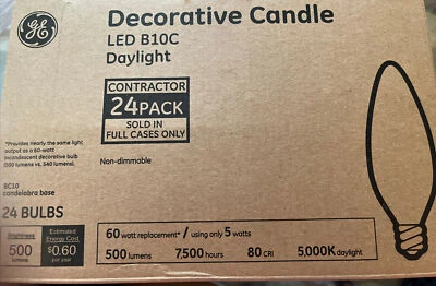 24 Pack GE Daylight LED B11C Candelabra Base Bulbs 60W EQ 5W Decorative Candle - Image 1 of 2
