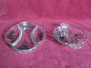 Vintage Compartmented Glass & Silver Overlay Relish/Celery/Cracker MatchedDishes - Picture 1 of 6