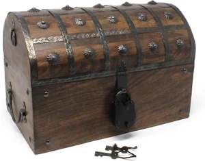 Pirate Treasure Chest with Iron Lock and Skeleton Key - Wooden Storage and Decor - Picture 1 of 12
