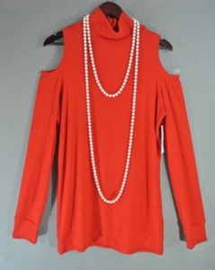 Three dots Red XL Knit Top Open Cold Shoulders A line Blouse Turtleneck NWT  - Picture 1 of 6