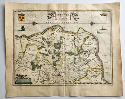 MAPA 1640 de Boulogne & Guines FRANCIA WILLEM BLAEU antiguo AUTÉNTICO coloreado a mano Foto 1 de 4