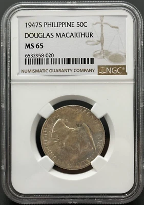 1947 S PHILIPPINES WWII General DOUGLAS MACARTHUR Silver 50 Cent Coin NGC MS 65 - Image 1 of 4
