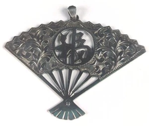 950 Sterling Silver Pendant Japanese Art Deco Fan Charm Sterling 2.5" Vintage - Picture 1 of 3