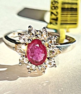 PINK-RED RUBY HALO RING, CZ, 925/Sterling Silver, Sz 8-8.5, ESTATE Find, NWT - Picture 1 of 7