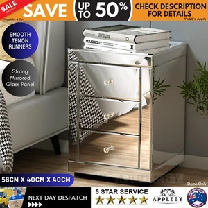 Mirrored Bedside Table Drawers Furniture Mirror Glass Presia Silver - Picture 1 of 13