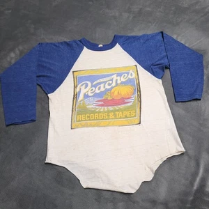 Vintage 70er Pfirsiche Schallplatten & Kassetten Raglanärmel Größe Small Flecken Musikgeschäft - Bild 1 von 8