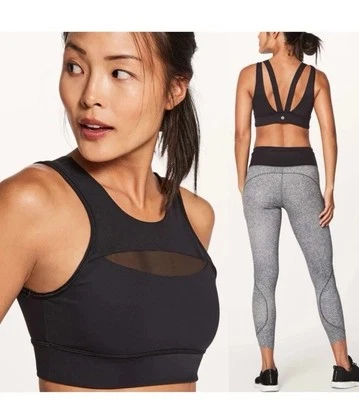 LULULEMON Run The Day High Neck Sports Bra Sz 4 Solid Black Mesh Longline Top - Image 1 of 4