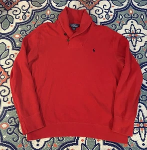 Polo Ralph Lauren Sweater Mens ZL Red Shawl Collar Cotton Sweatshirt Pony VTG - Picture 1 of 5