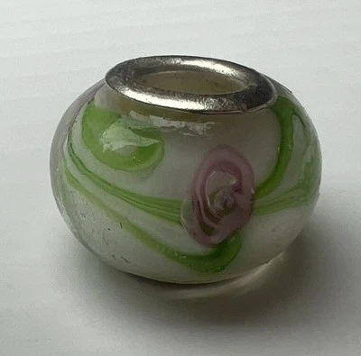 925 Пробы муранского стекла бусина европейский слайд подвеска белый розовый розы - Изображение 1 из 4