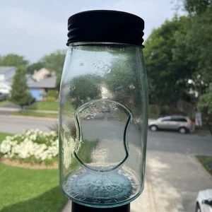 Antik um 1867 Juwel 32 Unzen blau Glas Einmachglas #13 SCHILD Rad unten & Rad oben - Bild 1 von 14
