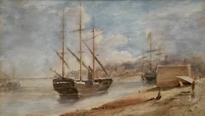 FINA PINTURA ACUARELA DE PRINCIPIOS DEL SIGLO 20 y barcos de galeón amarrados paisaje marino - Imagen 1 de 9