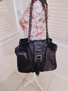 Mimco Black Leather Large Handbag. Chain, Tassel And Suede Accent. Edgy - Picture 1 of 13