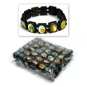 LOT OF 12 SAINT BEAD BRACELET Black Wood Religious Icon Catholic Stretch Elastic - Picture 1 of 5