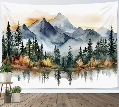 Mountain Landscape Green Foggy Forest Tapestry for Bedroom Living Room Dorm - Image 1 of 4