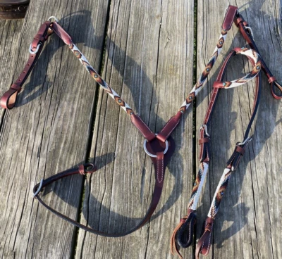 White/tan/rust/blue beaded & rolled leather Western headstall/breast collar set - Image 1 of 2