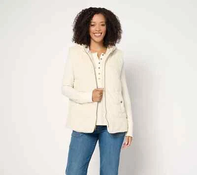 Susan Graver Weekend Lightly Quilted Knit Corduroy Hooded Vest, Ivory XL A662840 - Image 1 of 4