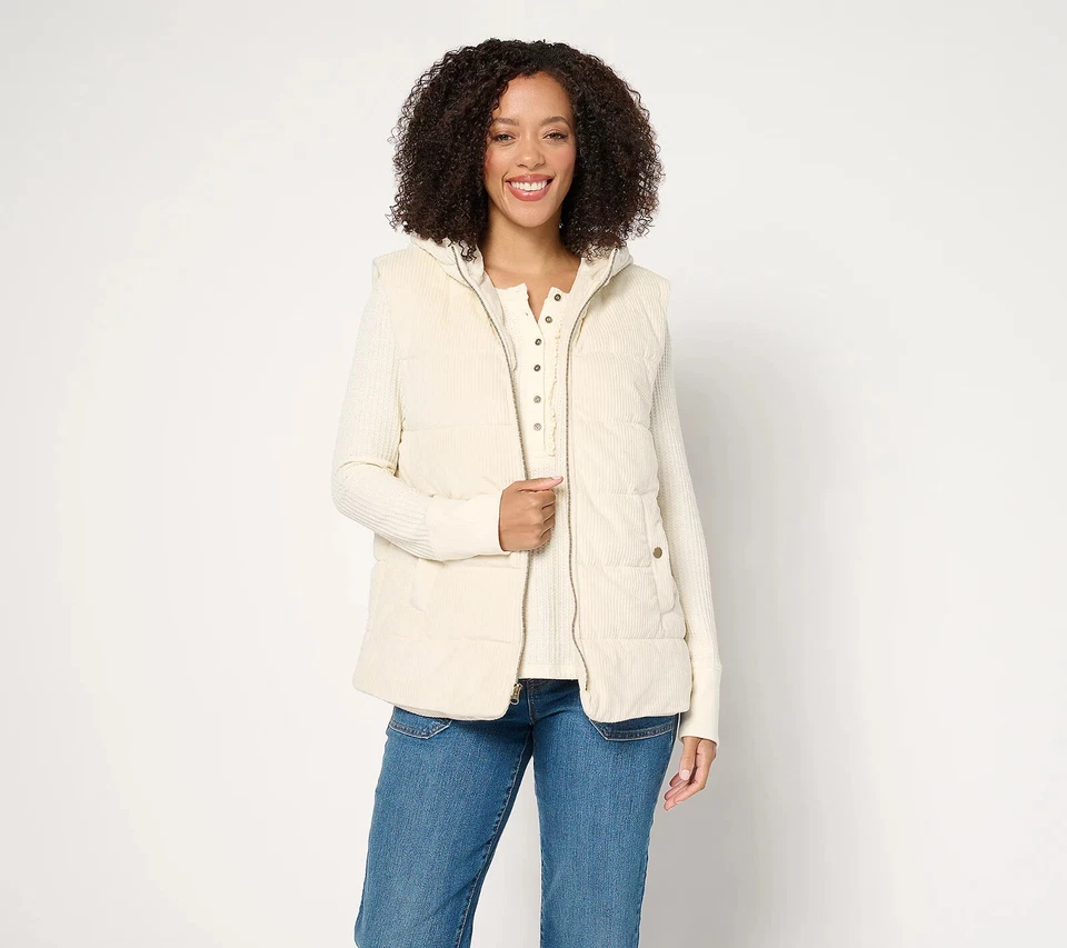 Susan Graver Weekend Lightly Quilted Knit Corduroy Hooded Vest, Ivory XL A662840 - Image 1 of 4
