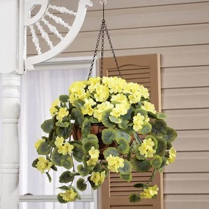 Large Artificial Yellow Geranium Hanging Basket Indoor Outdoor Patio Garden Deco - Picture 1 of 4