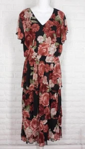 KATE & LILY Dress Floral Rose Print V Neck Mesh Tiered Skirt Black Pink 16 - Picture 1 of 5