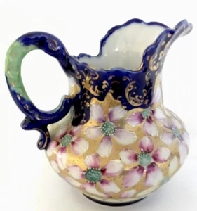 Unmarked Nippon Twig Handle Ewer Pitcher Floral Gold Blue Purple floral It/185 - Picture 1 of 7