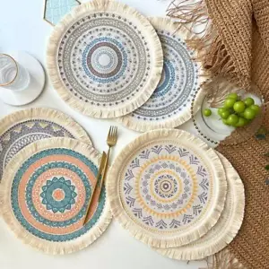 Round Placemats Table Mats Cotton Woven Mandala Tassels Washable Heat Resistant  - Picture 1 of 9