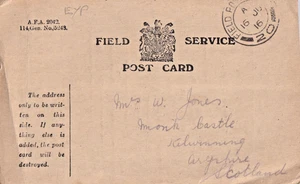 EYP 1916 WWI Field Service Postcard to Monk Castle, Kilwinning, Ayrshire - Picture 1 of 2