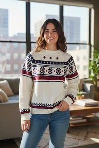 Suéter tejido acrílico vintage JC Penny para mujer grande Fair Isle nórdico blanco rojo - Imagen 1 de 6