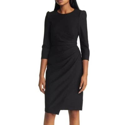 Vestido ELIZA J Plisado Imitación Envolvente Talla 14 Negro Manga Larga Hasta la Rodilla Nuevo con Etiquetas Foto 1 de 4
