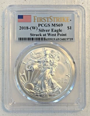 2018 W $1 American Silver Eagle MS69 PCGS Struck at West Point First Strike - Image 1 of 3