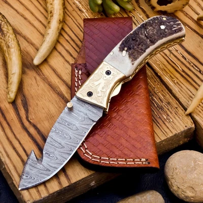 Navaja de bolsillo Damasco forjada a mano gancho intestinal plegable hoja mango de asta Foto 1 de 4