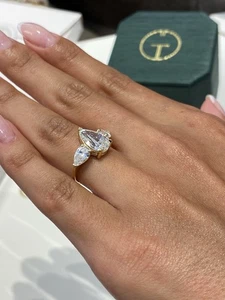 Diamond Pear Ring E VS1 IGI Certified 4 Ct Lab created 14K Gold Yellow Trio - Picture 1 of 11