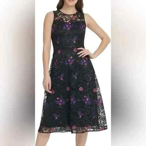 DKNY Black Lace Floral Embroidered Sleeveless MIDI Dress Size L - Picture 1 of 15