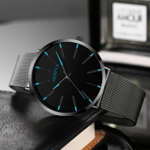 Mens Black / Blue Watch - Stainless Steel Mesh Band - 40mm Quartz Wristwatch - Picture 1 of 6