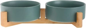 Green Ceramic Cat Dog Bowl Dish with Wood Stand No Spill Pet Food Water Feeder C - Picture 1 of 12