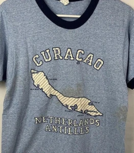 Vintage Curacao T Shirt Single Stitch Ringer Tee Heather Blue Large USA 70s 80s - Picture 1 of 6