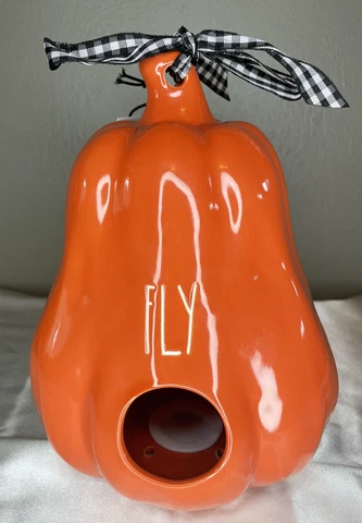 Rae Dunn FLY Orange Gourd Pumpkin Birdhouse Checkered Ribbon Fall NEW Cover