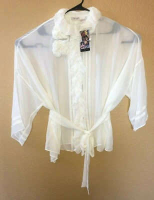 NWT Womens Spiegel Ivory Oversize Button Front Sheer Blouse Size 12 Boho Rosette - Image 1 of 4