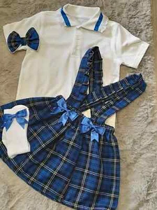 MÄDCHEN SCHULUNIFORM SET 2-14 JAHRE ROCK POLOSHIRT CLIP SOCKEN BLAU KARIERT - Bild 1 von 2