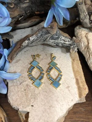 MM mark Gold  tone Aqua Blue CZ Druzy Crystal Stud Earrings 2 1/8", 13.9g - Image 1 of 4